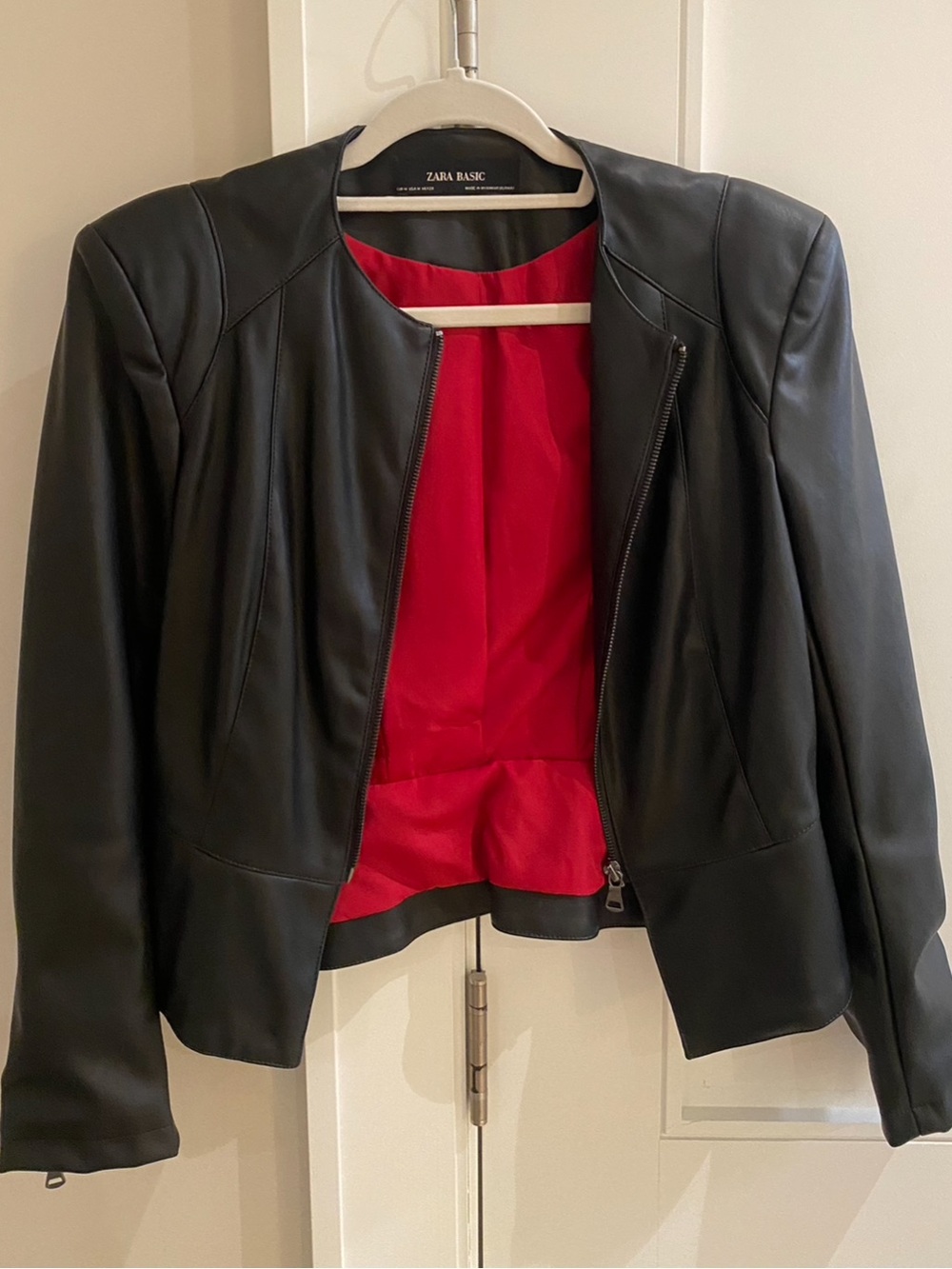 Zara Black Faux Leather Jacket with Red Lining new condition